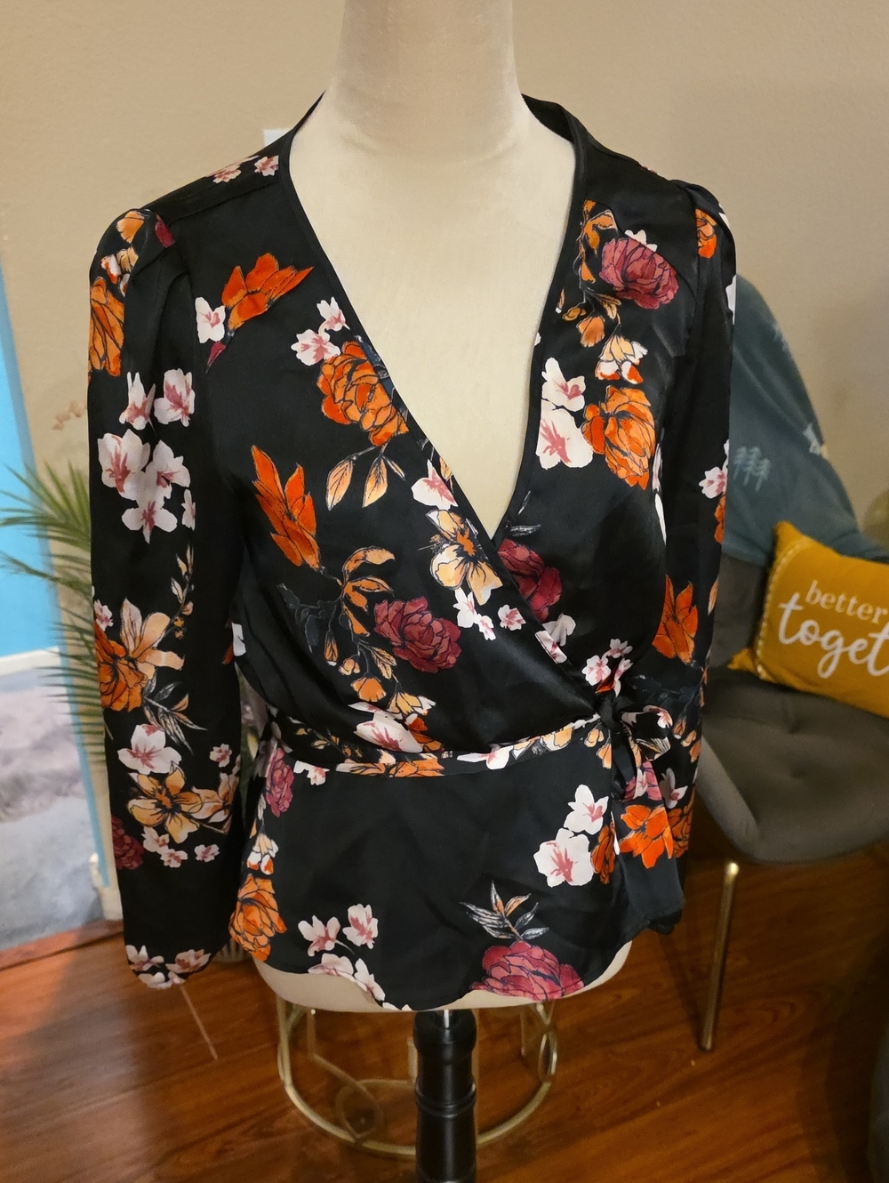 Gentle Fawn Black Floral Wrap Blouse with Orange & Pink Accents